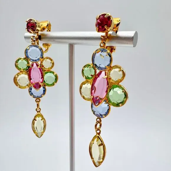 Vintage Austrian Crystal Clip On Earrings Pastel Ethereal Spring Fairycore Long - Picture 4 of 16